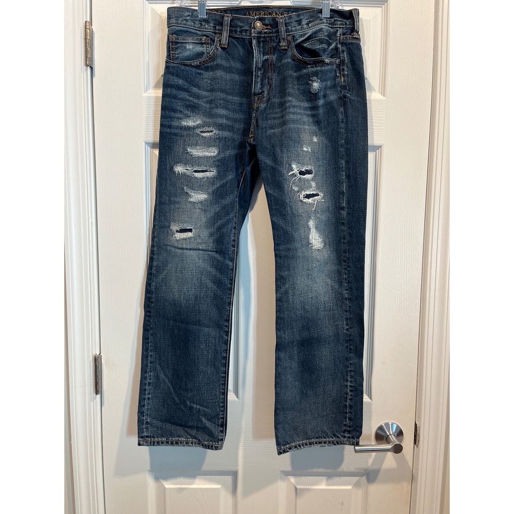 American Eagle Original Straight Distressed Jeans Mens 31x30 Blue‎ Denim Ripped